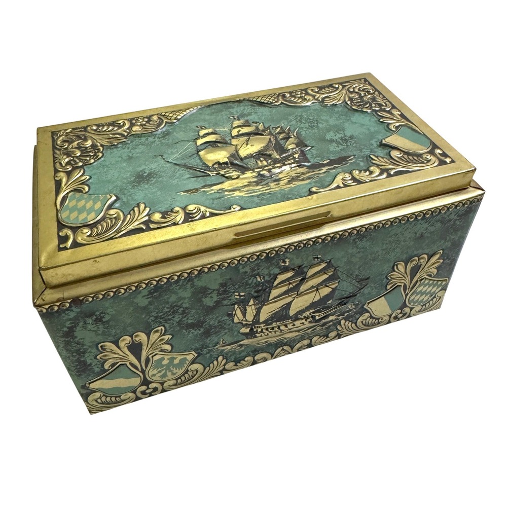 Vintage Bering Galleon Chest Cigar Tin Box Western Germany Nautical Ship Graphic